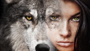 Image depicting half of a wolf's face and hale of a woman's fact