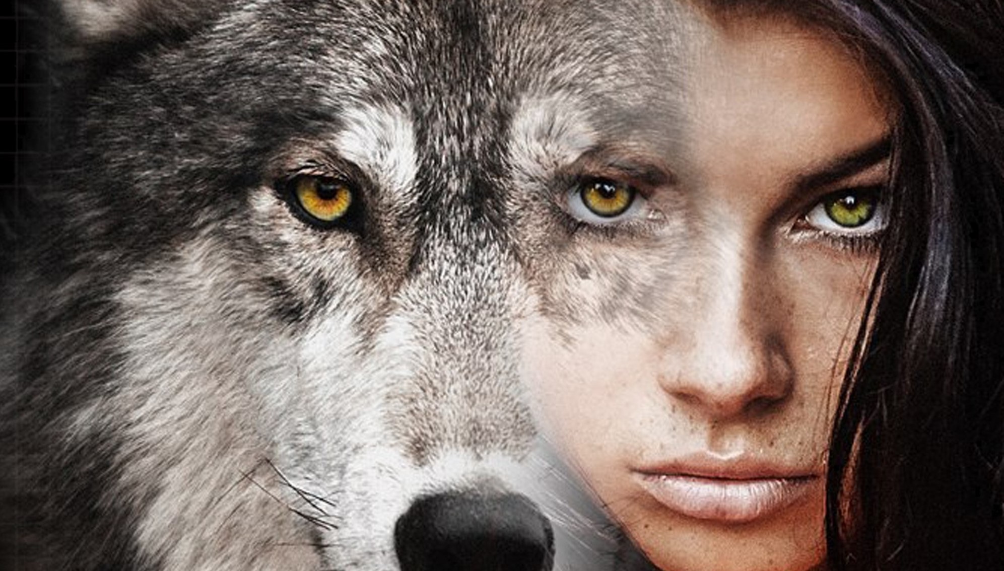 Image depicting half of a wolf's face and hale of a woman's fact