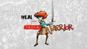 Illustration of a woman weilding a sword with text that says heal your warrior