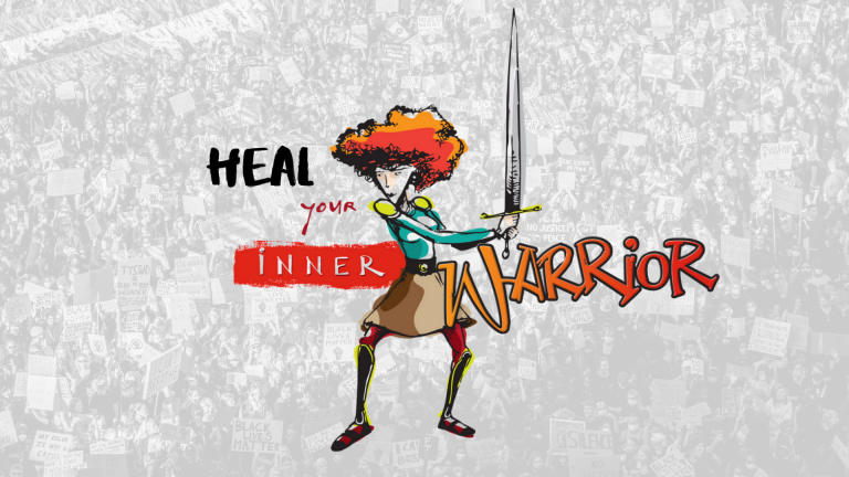 Illustration of a woman weilding a sword with text that says heal your warrior