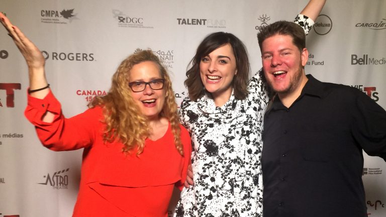 Deb Day with longtime collaborator Julia Lefebvre and Innovate's head of video Doug Benn at Movie Nights Across Canada - Iqualuit (Photo provided).