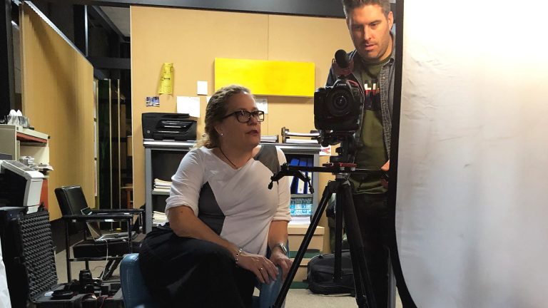 Deb filming interviews on set in Montreal with videographer Eric Myre (Photo provided)