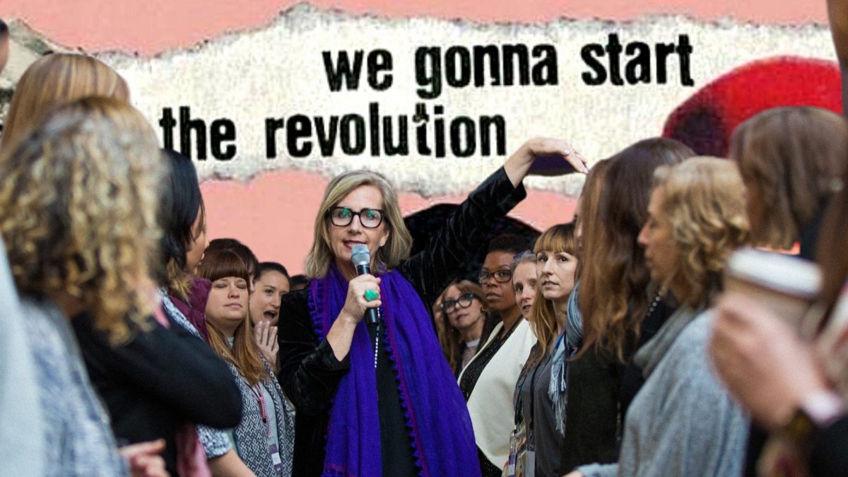 An image of Vickie Saundersin a blue scarf holding a microphone surrounded by women, text behind her reads "we are gonna start the revolution"