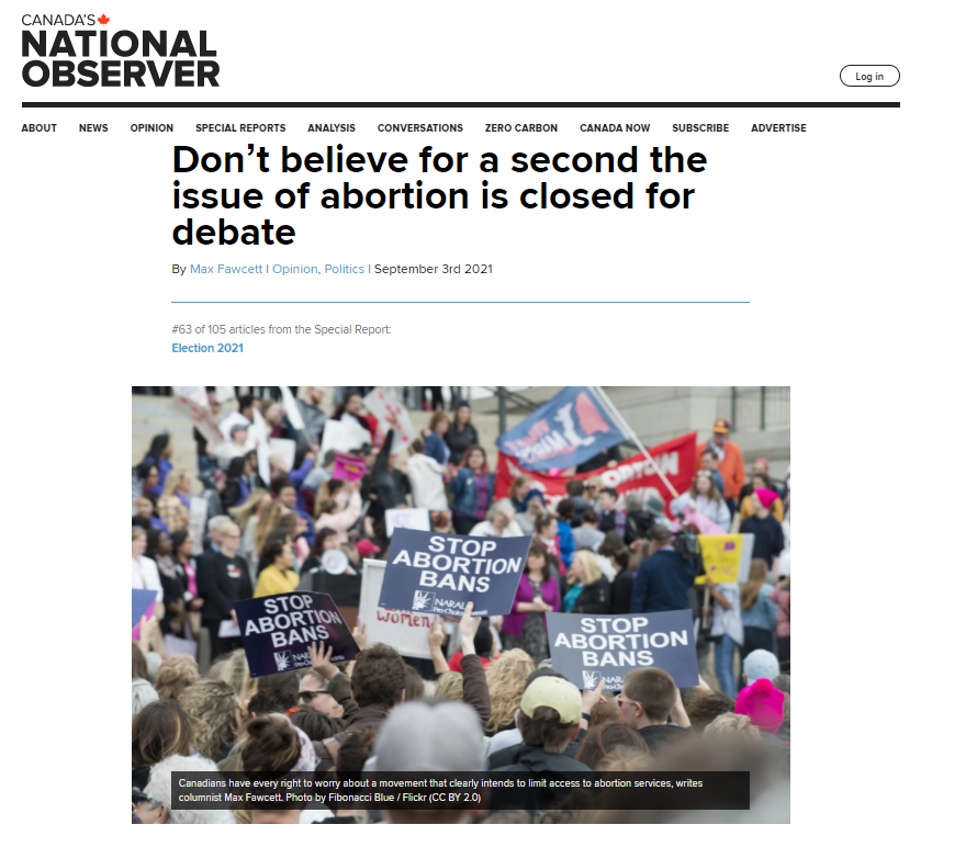 Article from the National Observer about the anti abortion debate in Canada after Texas.