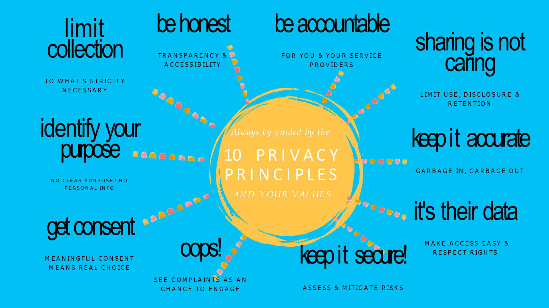 A document with light blue background outlining 10 data privacy principles followed by LiisBeth Media