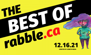 an image with yellow background and type that reads best of rabble.ca. Illustration of a woman on the right side.