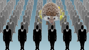 Line of of illustrated men in suites with hedgehog in the line up looking fierce