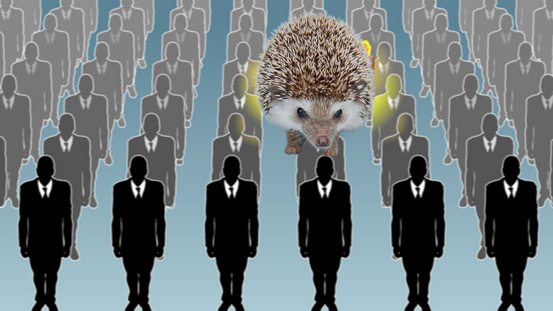 Line of of illustrated men in suites with hedgehog in the line up looking fierce