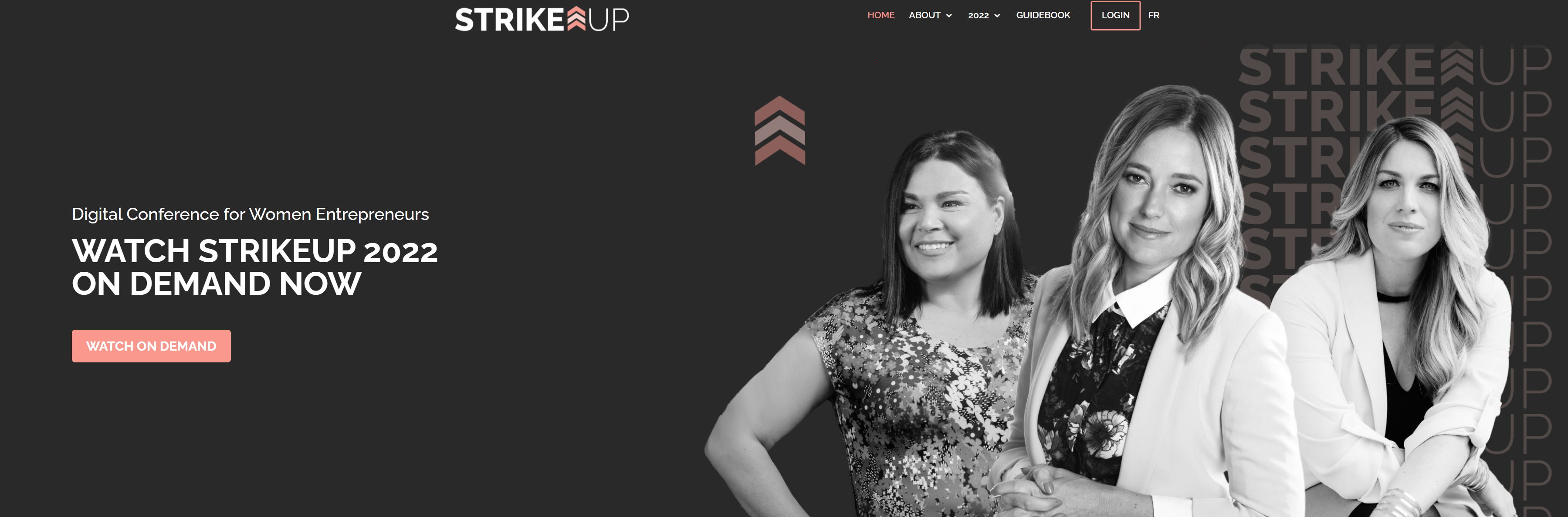 a gray image featuring pictures of three women announcing Strike Up events now available on demand