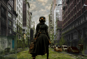 Image of a woman with a steampunk helmet, wearing green, long skirt and jacket standing in the middle of the road of a dystopian city landscape.