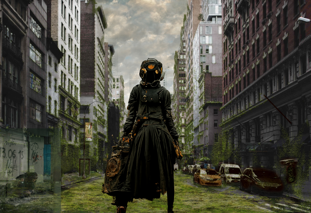 Image of a woman with a steampunk helmet, wearing green, long skirt and jacket standing in the middle of the road of a dystopian city landscape.