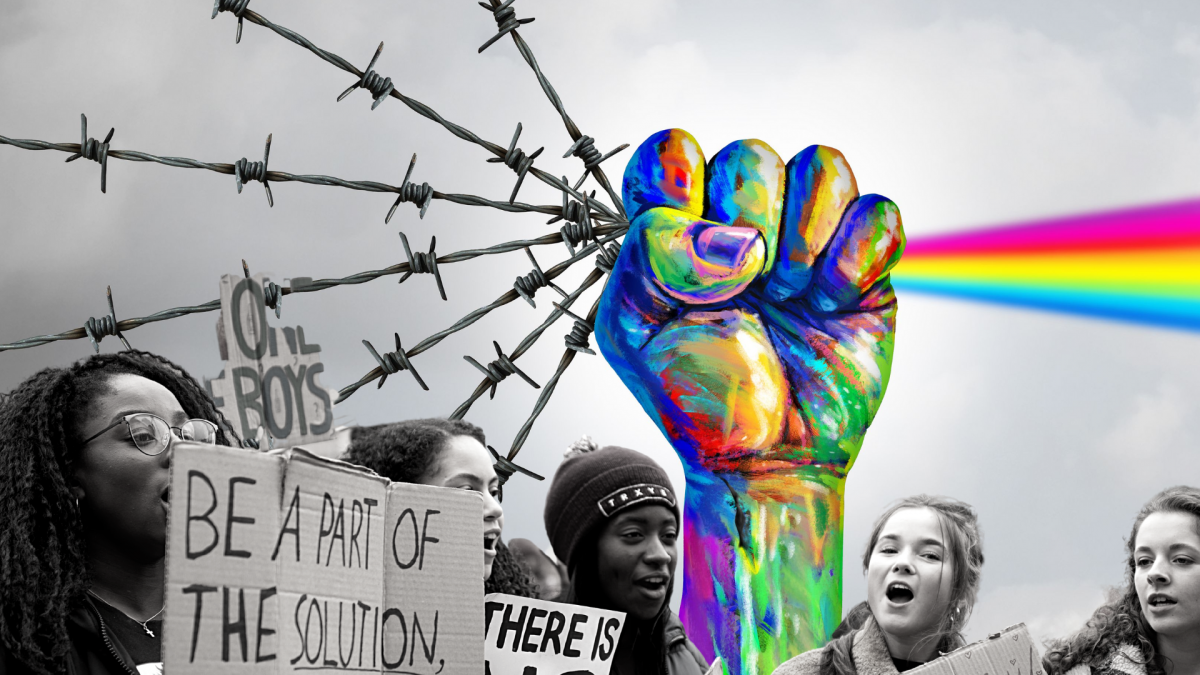 illustration of fist raised against grey sky holding barbed wire that turns into a 4 colour rainbow