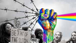 illustration of fist raised against grey sky holding barbed wire that turns into a 4 colour rainbow