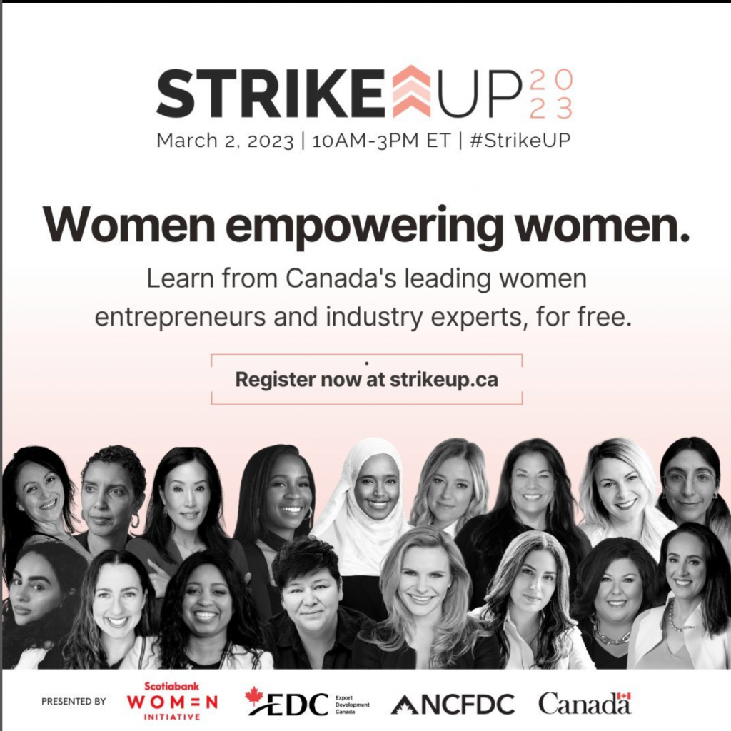 Pink and white image with black and white photos of avout 20 women below (head shots)