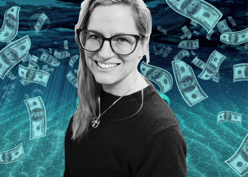 Collage of blue/green background with money floating around and black and white head/shoulder photo of a woman with blonde hair mid length. wearing glasses.