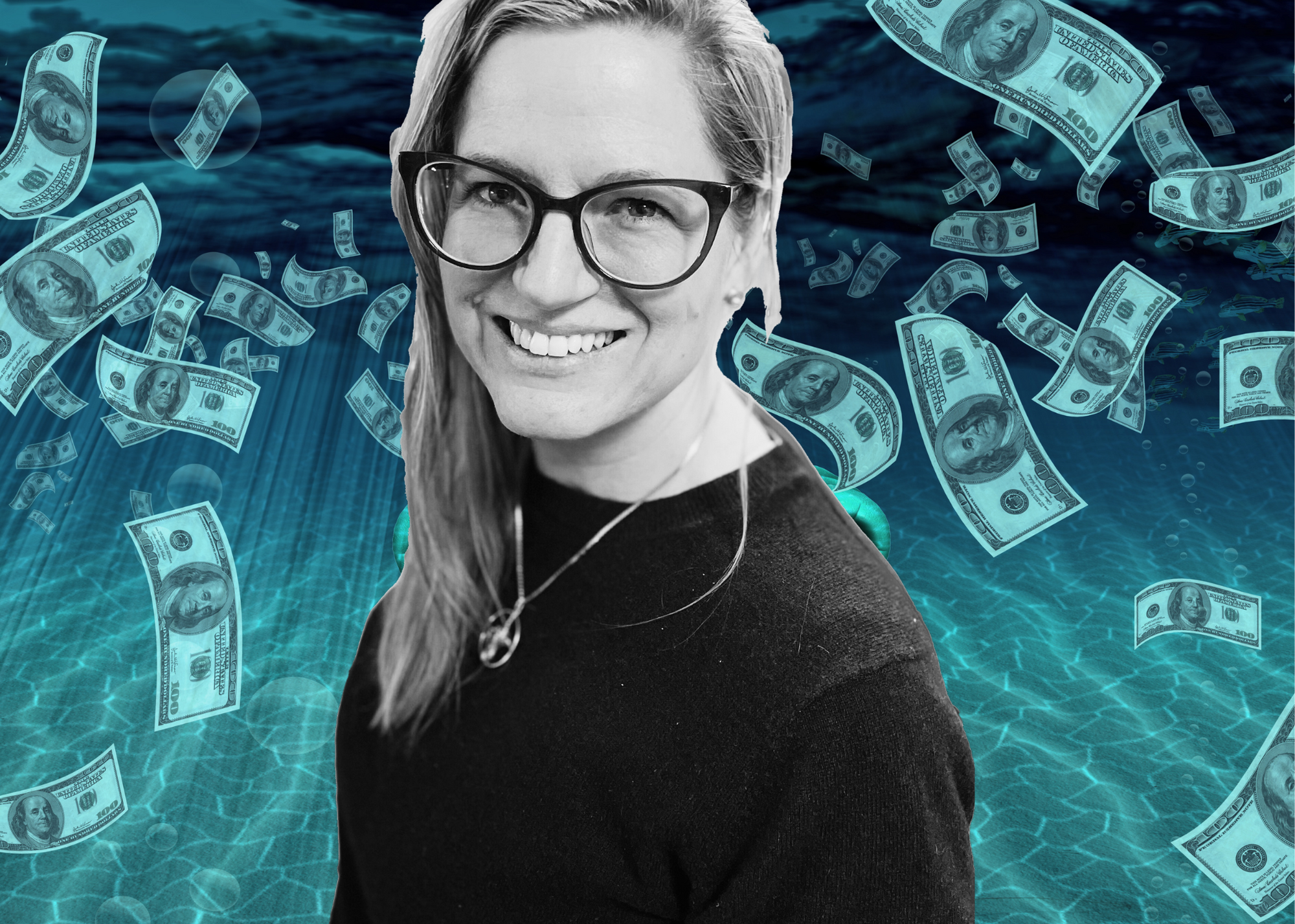 Collage of blue/green background with money floating around and black and white head/shoulder photo of a woman with blonde hair mid length. wearing glasses.